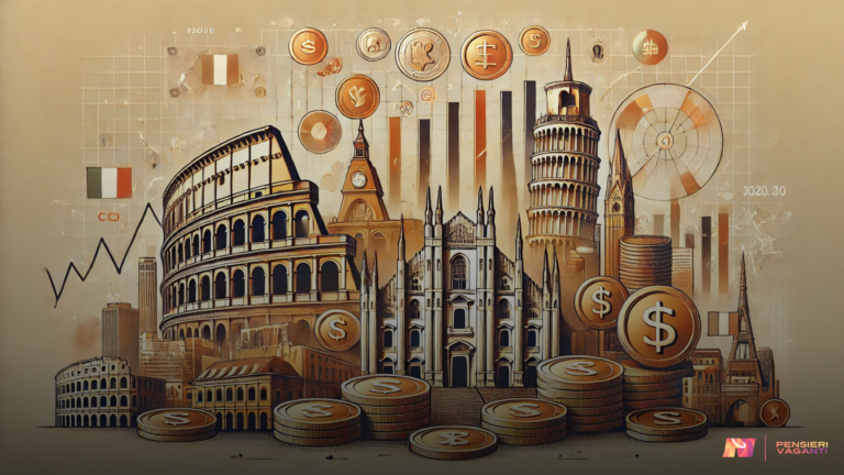 Illustrazione che rappresenta l'investimento in Italia, con elementi come grafici finanziari, monumenti iconici come il Colosseo e lo skyline di Milano, e simboli di crescita economica, come monete e frecce in salita. L'immagine utilizza tonalità calde e uno stile professionale per evocare fiducia e opportunità.